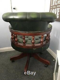 Green Leather Captains Office Desk Chair Seat Spins And Tilts
