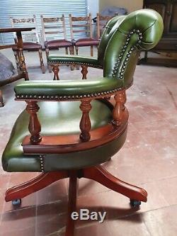Green Leather Chesterfield Captains/bankers/office/mahogany Desk Chair (junior)