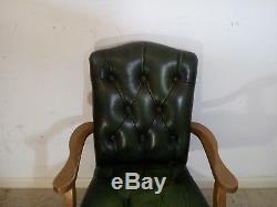 Green Leather Chesterfield Style Captains Swivel Office / Desk Chair