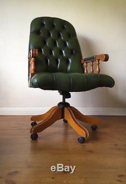 Green Leather Chesterfield Style Executive Swivel Captain Office Desk Chair
