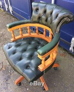 Green Leather Chesterfield Swivel Captains Desk Office Chair Antique Style
