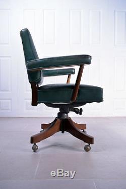 Green Leather Early 20th Century Office Desk Swivel Arm Chair Industrial Captain