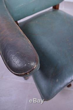Green Leather Early 20th Century Office Desk Swivel Arm Chair Industrial Captain