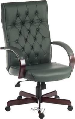 Green Leather Mahogony Wood Executive Managers Swivel Office Chair Warwick