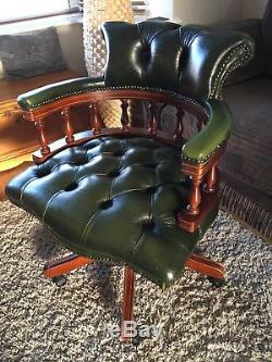 Green Leather Swivel Captain Office Chair Chesterfield Style