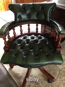 Green Leather Top Mahogany Pedestal Office Desk And Captains Chair, Antique Style