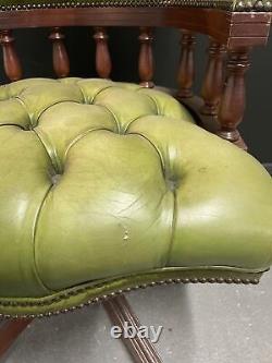 Green Leather and Mahogany Antique Captain Office Chair