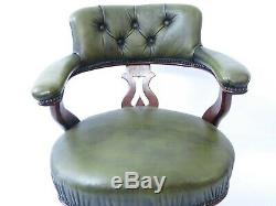 Green leather button back captains office swivel arm chair #2078L