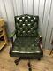 Green Leather Chesterfield Captains Chair, Office Chair Delivery Available