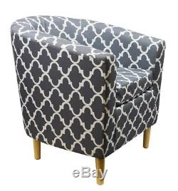 Grey Patterned Fabric Tub Arm Chair Wooden Legs Living Room Modern Office Bedroo