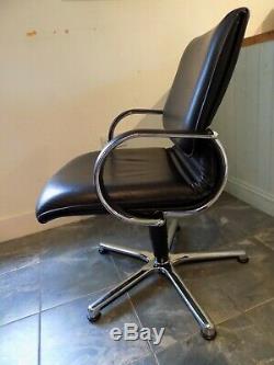 Haworth Comforto Swivel Office Desk Chair Black Leather & Chrome Vintage Mid