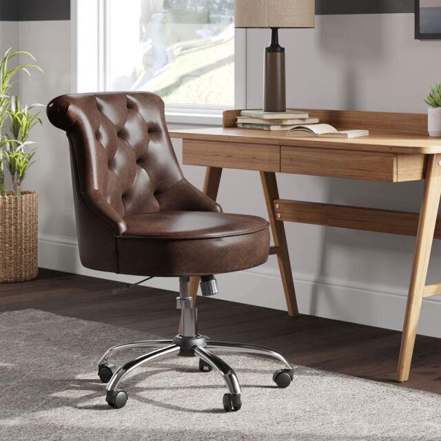 Home Office Chair Brown Pu Leather Computer Desk Chair Swivel Armless Study Seat