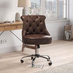 Home Office Chair Brown PU Leather Computer Desk Chair Swivel Armless Study Seat