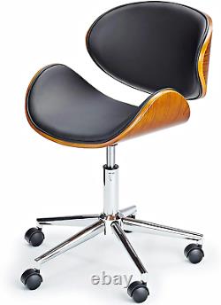Industrial Desk Chair Ergonomic Swivel Office Seat Vintage Wood Black PU Leather