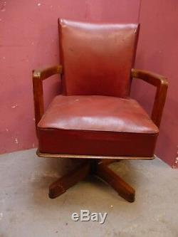 LARGE ANTIQUE 1920's OAK & BROWN LEATHER OFFICE DESK REVOLVING & RECLINING CHAIR