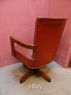 LARGE ANTIQUE 1920's OAK & BROWN LEATHER OFFICE DESK REVOLVING & RECLINING CHAIR