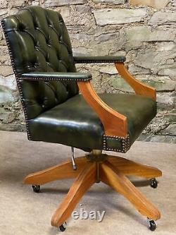 LEATHER CHESTERFIELD Directors Captains Swivel Office Desk Chair Green