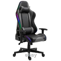 LED Light PU Leather Gaming Chair Thick Padding High Back with Pillows Black