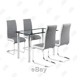 LOVHOME Glass Dining Kitchen Office Table and 4 Faux Leather Chairs Set (Grey)