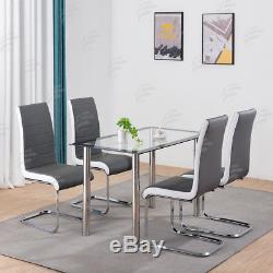 LOVHOME Glass Dining Kitchen Office Table and 4 Faux Leather Chairs Set (Grey)