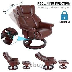 Leather Recliner Chair Armchair Lounge Sofa Swivel Chair With Foot Stool Wood Base