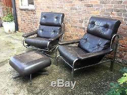 Leather and Chrome Office Open arm chairs, by PIEFF. Circa 1970's