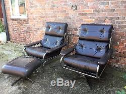 Leather and Chrome Office Open arm chairs, by PIEFF. Circa 1970's