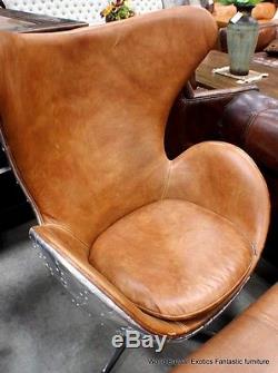 Leather jump seat aviator Chair Old vintage cigar brown office desk aluminum