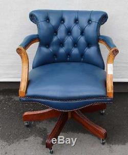 Lovely Blue Buttoned Back Leather Swivel Office chair