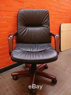 Luxurious Black Leather Office Chair With Solid Dark Wood Arms Armrests Wheels