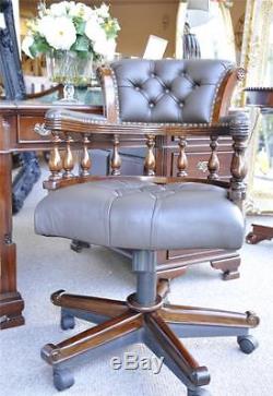 Mahogany Classical Captains Chair Brown Green Leather Swivel Office Desk Chair