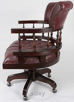 Mahogany Red/brown Leather Chesterfield Swivel Captains Office Chair Button Back