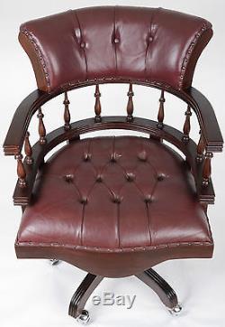 Mahogany Red/brown Leather Chesterfield Swivel Captains Office Chair Button Back