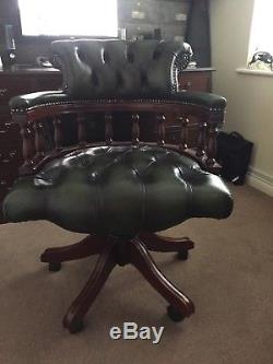 Mahogany green leather office suit desk, captain chair and 2 draw filing cabinet
