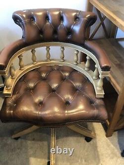 Mid Back Bankers Office Chair Pre Owned Brown Leather Wood Antique