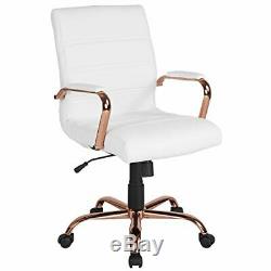 Mid-Back White Leather Executive Swivel Chair with Rose Gold Frame and Arms