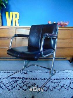 Mid century Pieff Eleganza brown leather chrome chair office Italian design