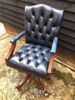 Mini Gainsborough Leather swivel office chair antiqued blue leather mahogany