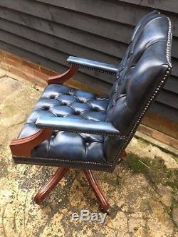 Mini Gainsborough Leather swivel office chair antiqued blue leather mahogany