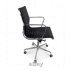 Mod Charles Eames Low Back Ribbed Black Italian Leather Office computer chair