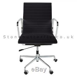 Mod Eames Low Back Ribbed Black Top Grain Italian Leather Office computer chair