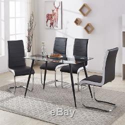 Modern Glass Dining Table Set and 4X BLACK WHITE SIDE Faux Leather Office Chairs