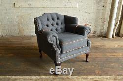 Modern Grey Wool Tan Leather Chesterfield Short Office Dining Wing Chair