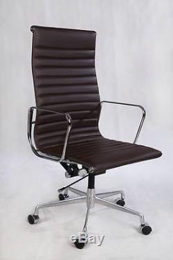 New Office Chair High Back Ribbed Mid Chocolate Brown Real Leather