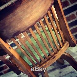 Original Antique Oak & Green Leather Office Swivel Captains Chair