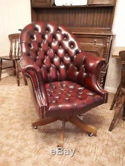 Ox Blood Red Leather Swivel Captain Office Chair Chesterfield Style