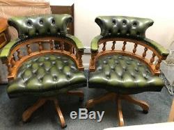 Pair Of Chesterfield Green Leather Captains Office Desk Chairs