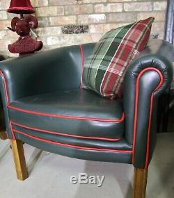 Pair Of Leather Chesterfield Style Dark Green Piped Tub Chairs Hall/office