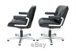 Pair Office chairs by Stoll Giroflex design Karl Dittert black leather 60s 70s