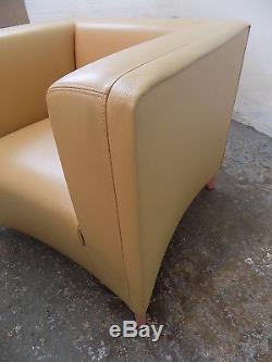 Pair, large, vintage, 70's, style, leather, curved, square, armchairs, armchair, wood legs